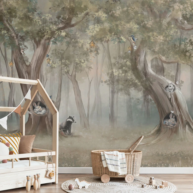 Kinder-Fototapete Süße Waldtiere zwischen Bäumen - Ms Tiff 
