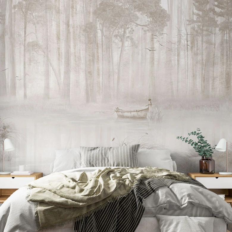 Bos Fotobehang - bos bij het meer in beige mist - Ms Tiff 