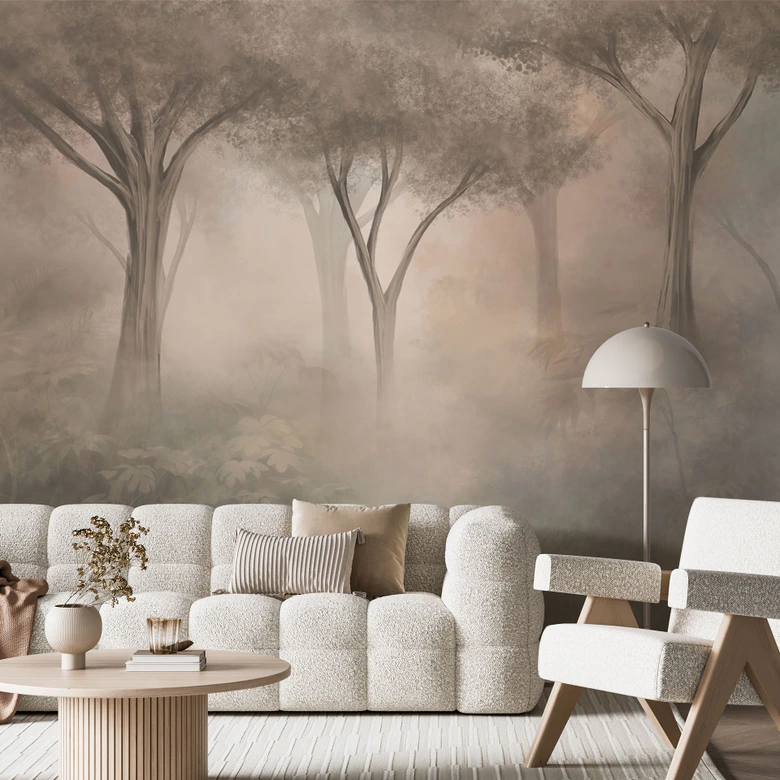 Fototapete Waldtapete Waldmagie im Morgennebel Beige - Ms Tiff 