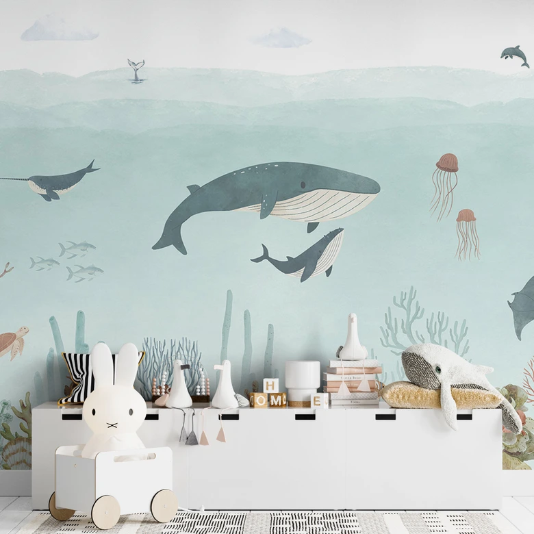 Papier peint enfant Aventure sous-marine avec animaux marins - Bleu - Oliver Robins 