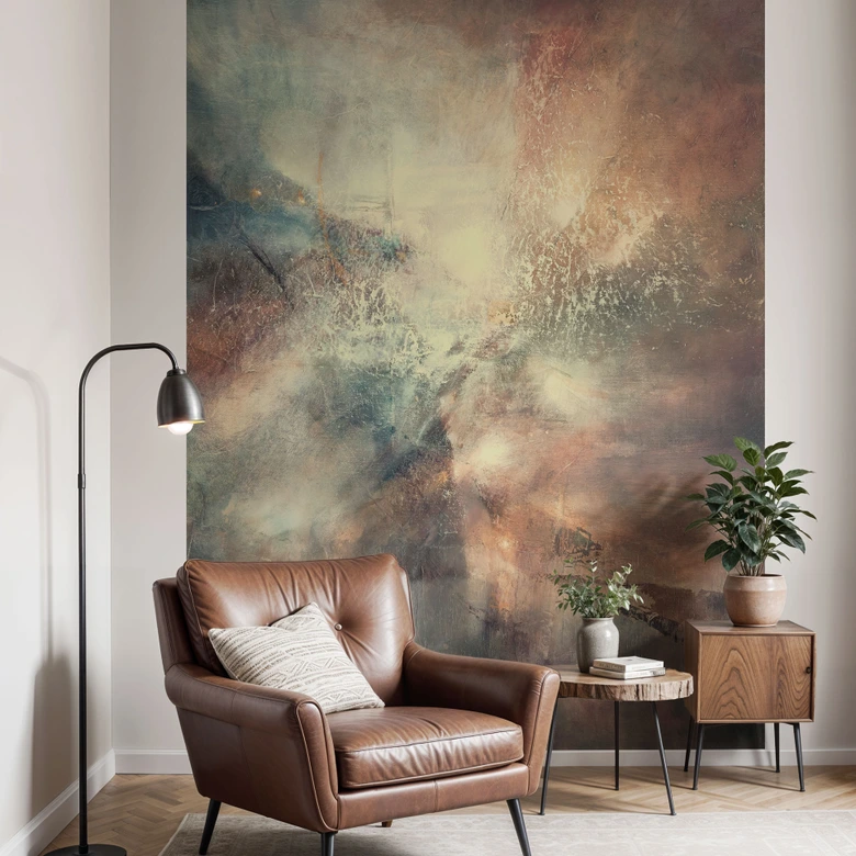 Fototapete Abstrakter Nebel im Goldlicht | Kunst Tapete fürs Wohnzimmer - Schmucker 