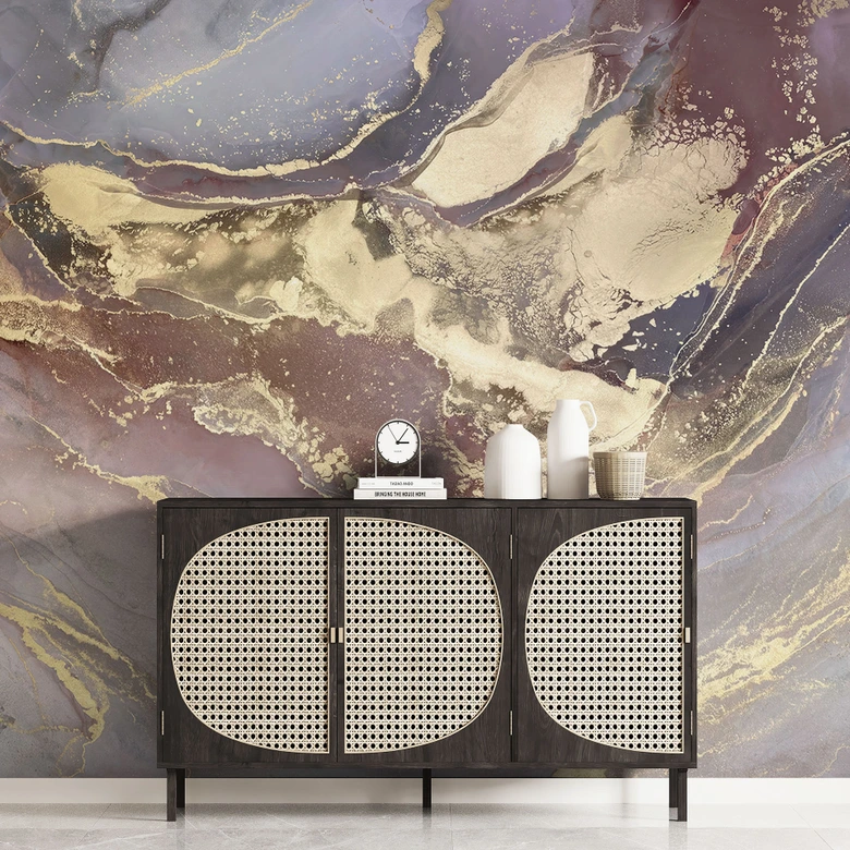 Wall Mural with marble effect - Noble structures in gold and purple - Shelest 