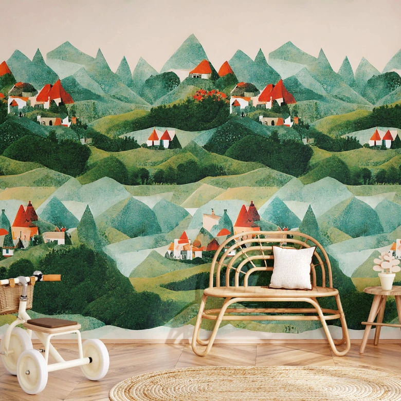 Kinderzimmer Fototapete Treechild - Kleines Dorf inmitten grüner Hügel 