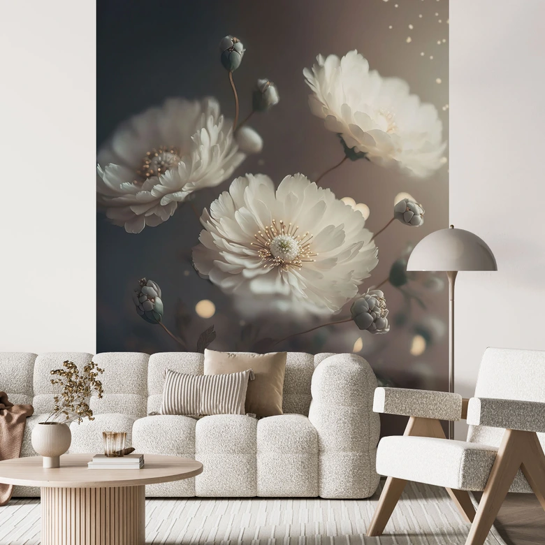 Fototapete Blumentapete Weiße Blumen mit Goldstaub - Treechild 