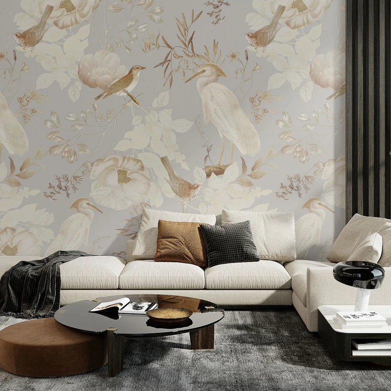 Fototapete Vögel zwischen weißen Blumen - UN Designs 