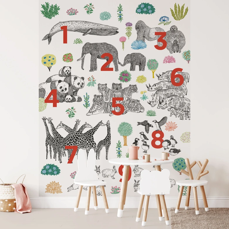 Kinderzimmer Fototapete Illustration von Zootieren mit Zahlen - Walentynowicz 