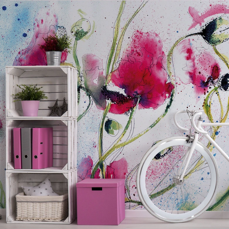 Fototapete Mohnblumen Aquarell 