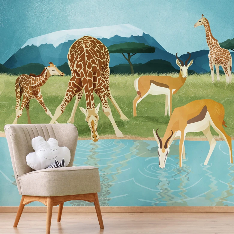 Papier peint photo Goed Blauw - Animaux au point d'eau 