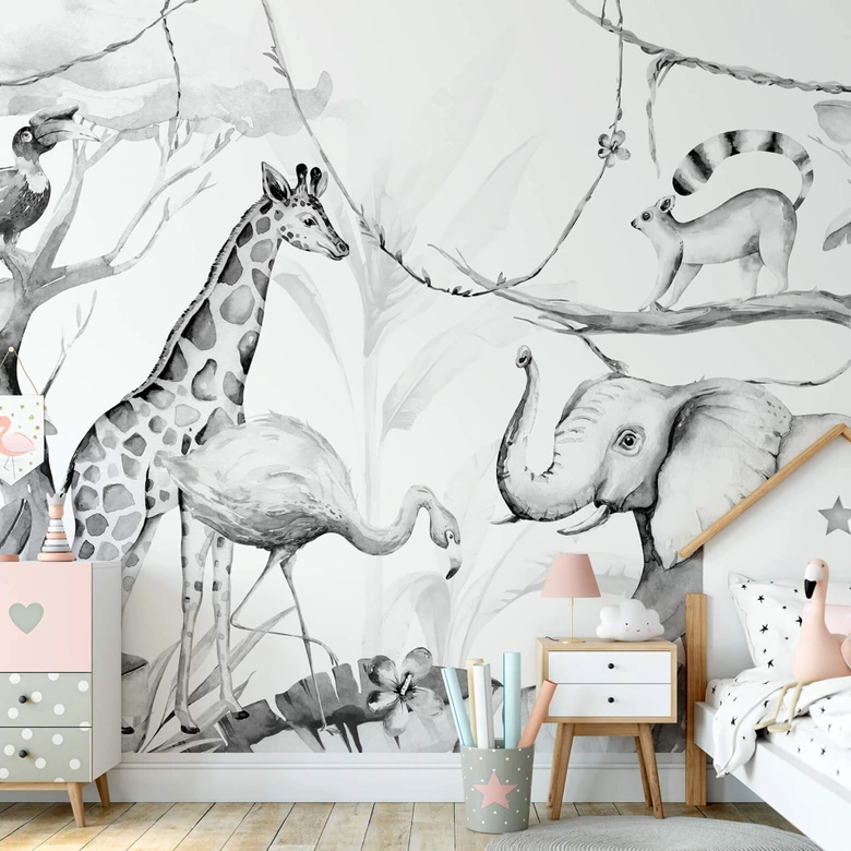 Fototapet Kvilis - djurvänner i djungeln - svartvitt 