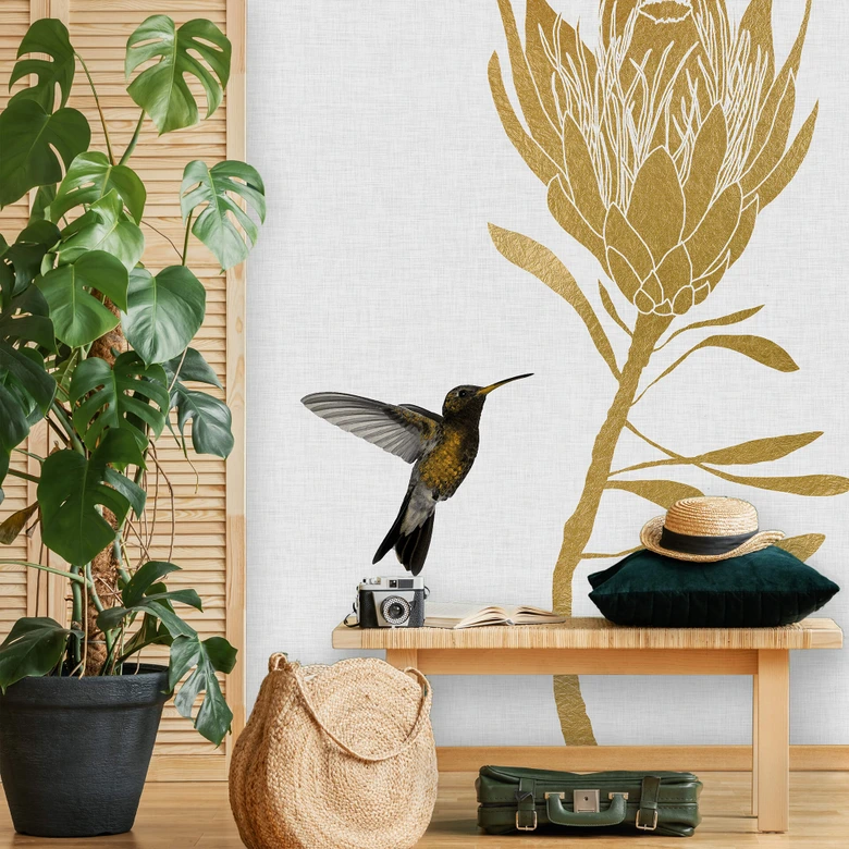 Fototapete Orara Studio - Hummingbird and Flower - goldene Blume 