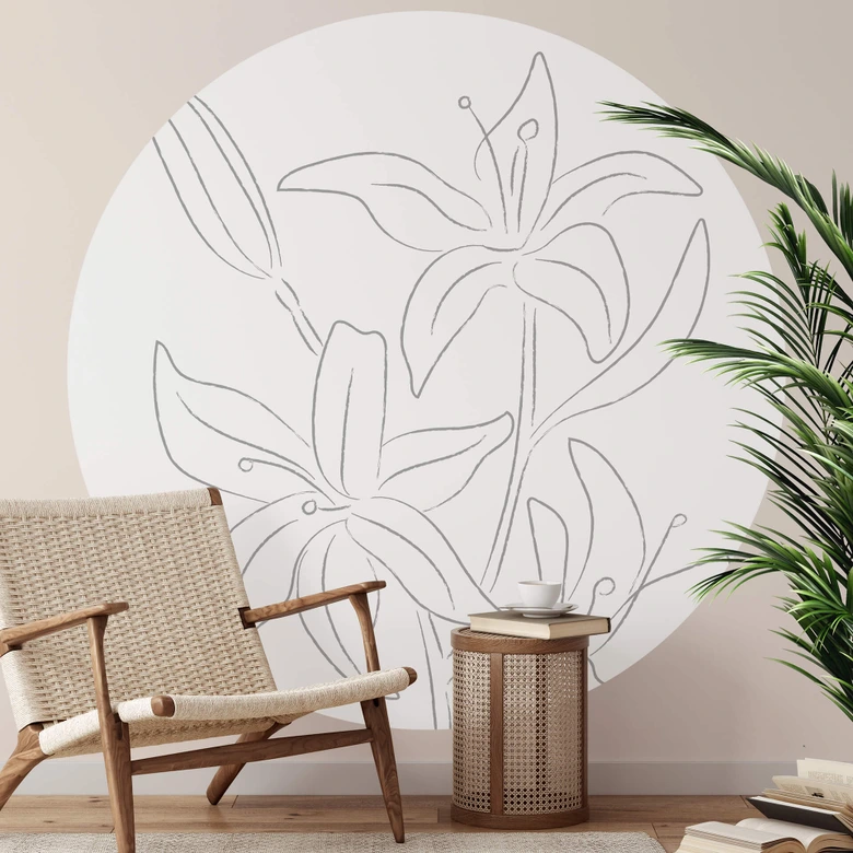 1X Studio - Line Art Floral - Flores minimalistas - Papel pintado redondo - Papel pintado autoadhesivo/no tejido 