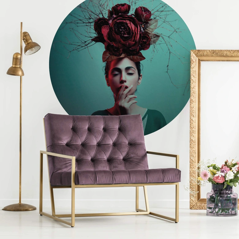 Round wall mural Amin - Flowers in her Hair - Portrait of a Woman - non self-adhesive/self-adhesive wallpapers 