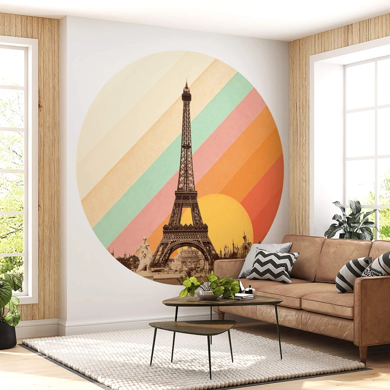 Round wall mural Bodart - Retro Eiffel Tower with Rainbow - non self-adhesive/self-adhesive wallpapers 