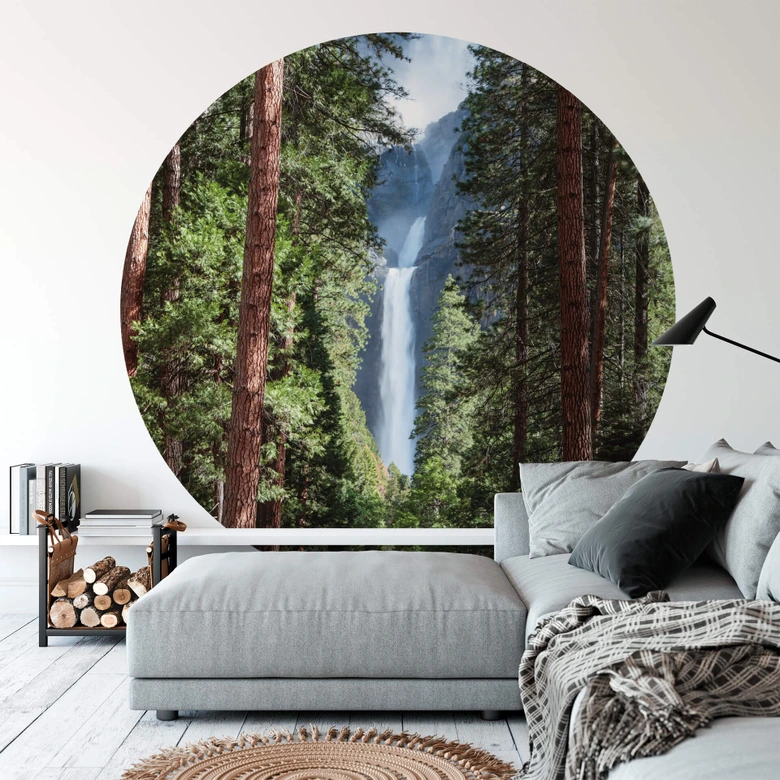 Fototapete Colombo - Wasserfall im Wald - Rund - Selbstklebend/Vlies 