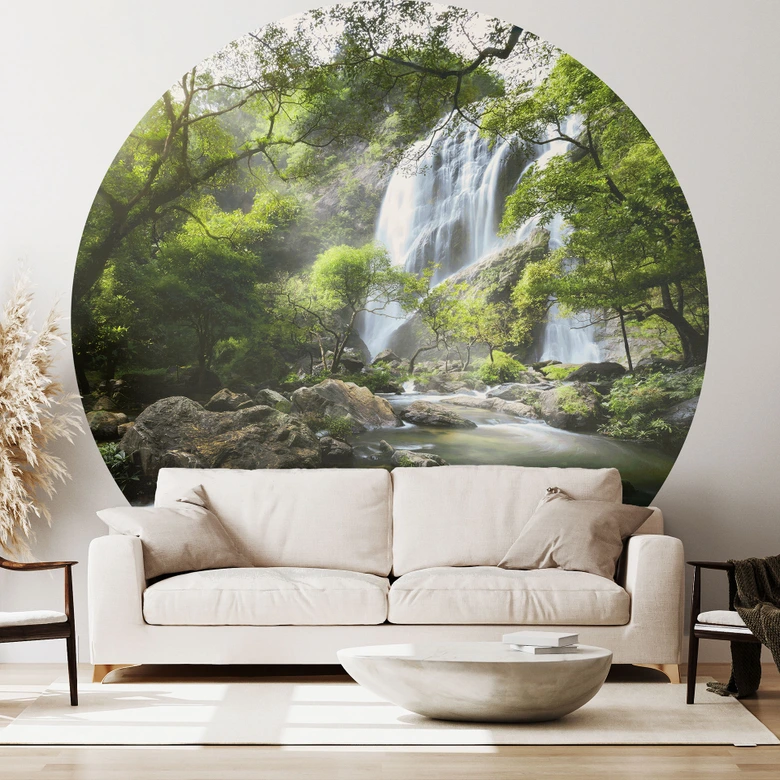 Behangcirkel Waterval in het Bos - vliesbehang/zelfklevend vliesbehang 