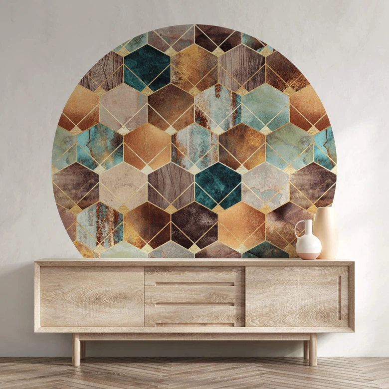 Round wall mural Fredriksson - Gold and Copper Hexagons - non self-adhesive/self-adhesive wallpapers 