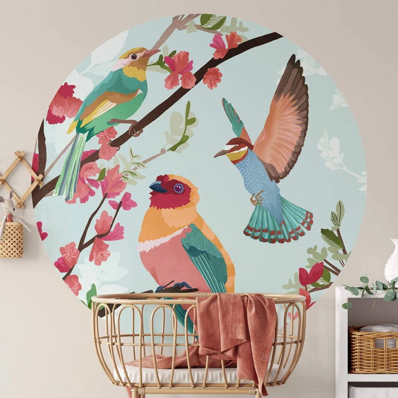 Fototapete Goed Blauw - Vögel im Sommer - Rund - Selbstklebend/Vlies 