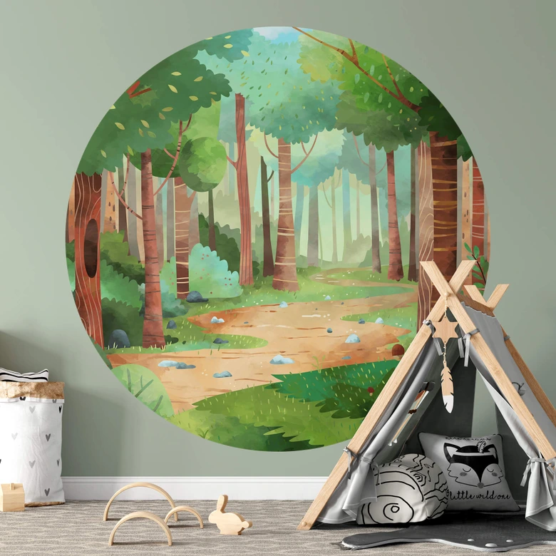Fototapete Grüner Waldweg - DigitalArtsi - Rund - Selbstklebend/Vlies 