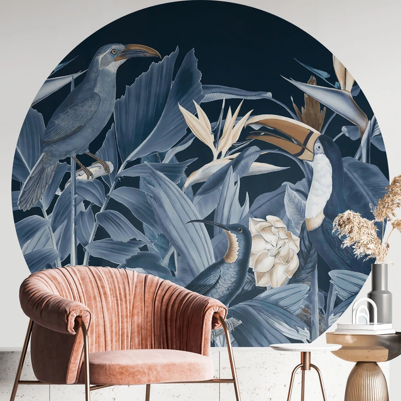 Fotomural aves tropicales en un bosque nocturno - Haase - Redondo - Papel pintado autoadhesivo/no tejido 