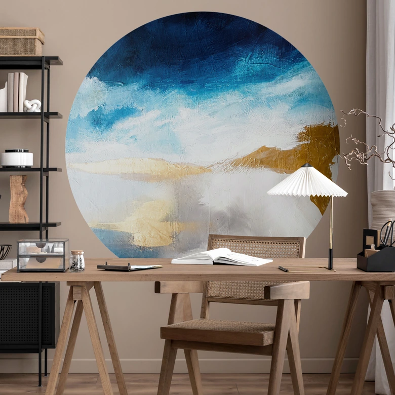 Behangcirkel Penseelstreken blauw en goud - Haniff - vliesbehang/zelfklevend vliesbehang 