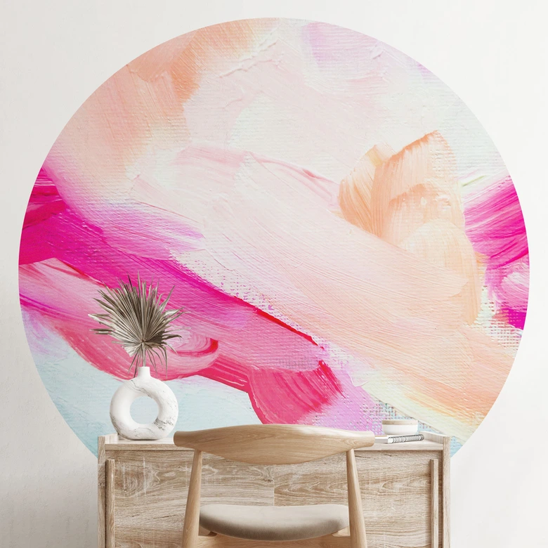 Penseldrag rosa och turkos - Rund - Fototapet - Haniff - non-woven tapet/självhäftande non-woven tapet 
