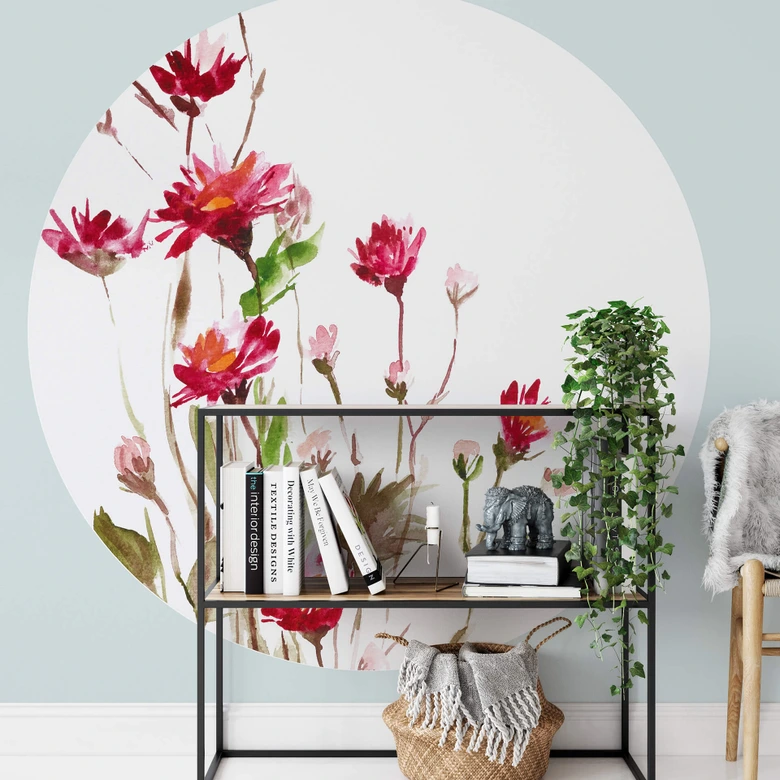 Behangcirkel Illustrated Flowers - vliesbehang/zelfklevend vliesbehang 
