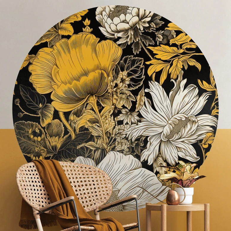 Papier peint photo rond Splendeur des fleurs en ocre - Jaszke - papier peint intissé/papier peint intissé autocollant 