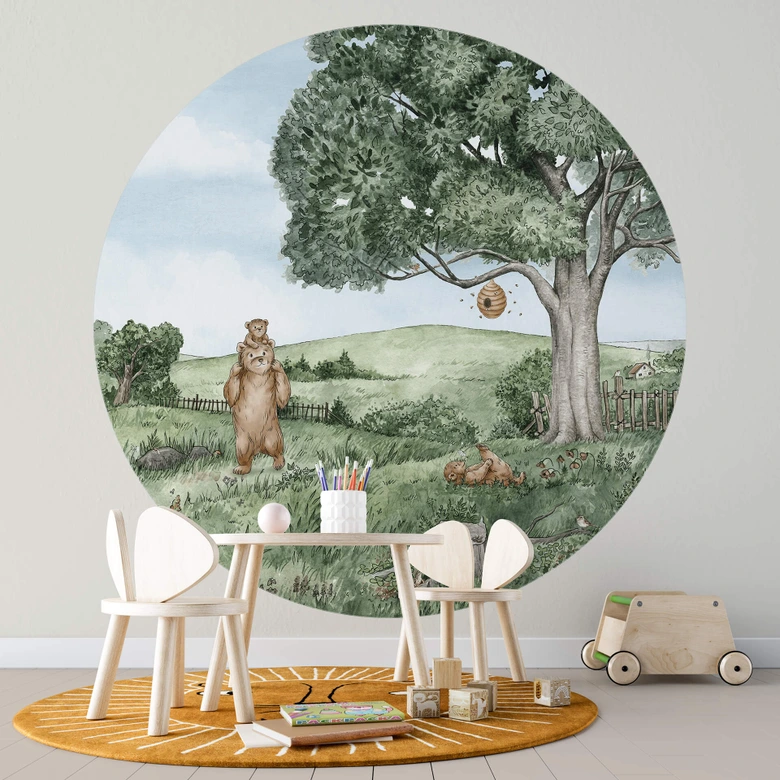 Papier peint photo rond Kikki Belle - Ours et Abeilles - papier peint intissé/papier peint intissé autocollant 