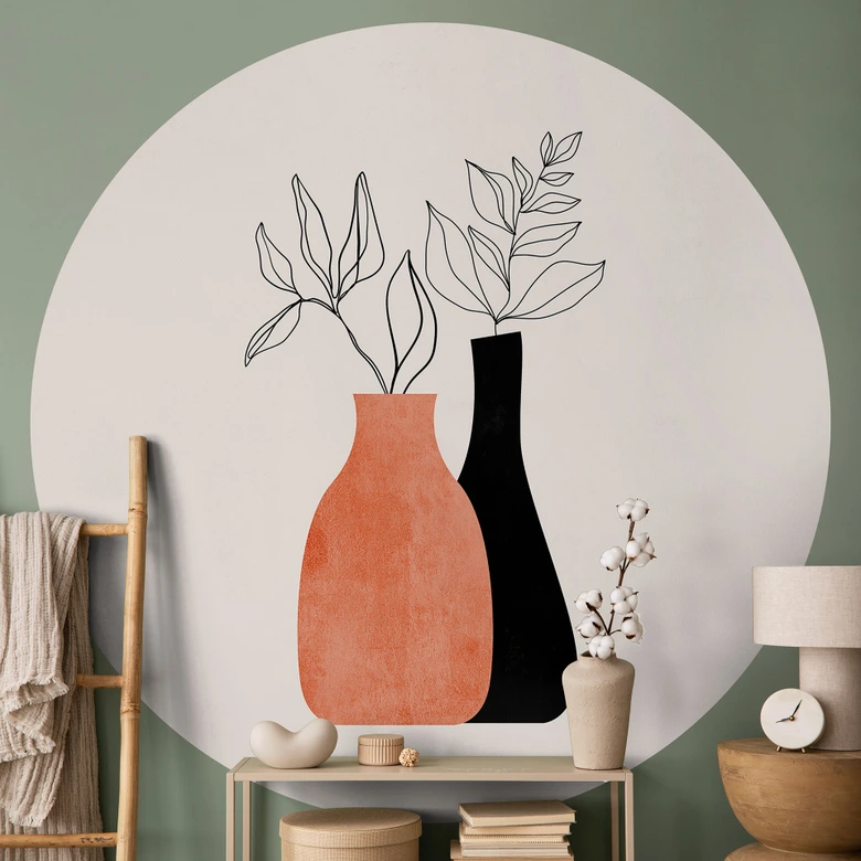 Behangcirkel Vazen in zwart en oranje - Kubistika - vliesbehang/zelfklevend vliesbehang 