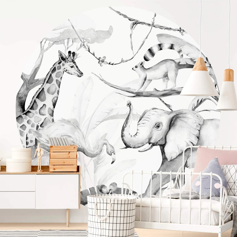 Behangcirkel Kvilis - Dierenvrienden in de Jungle zwart-wit - vliesbehang/zelfklevend vliesbehang 