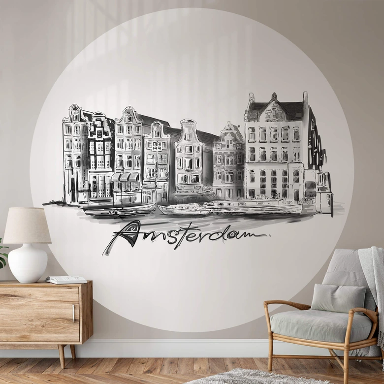 Fototapete Amsterdam - Schwarz-Weiß - Rund - Love your City - Selbstklebend/Vlies 