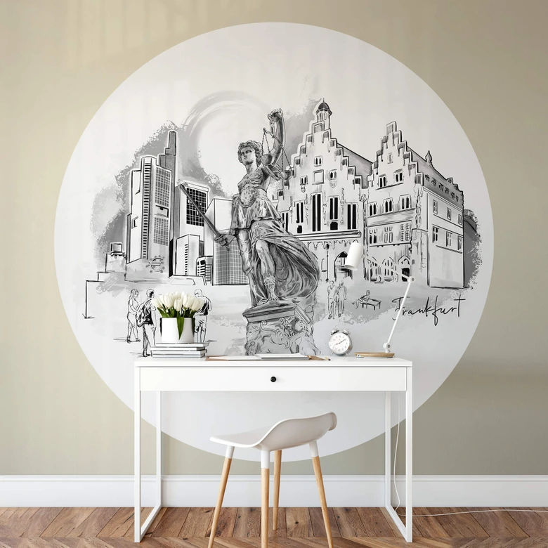 Fototapete Frankfurt - Schwarz-Weiß - Rund - Love your City - Selbstklebend/Vlies 