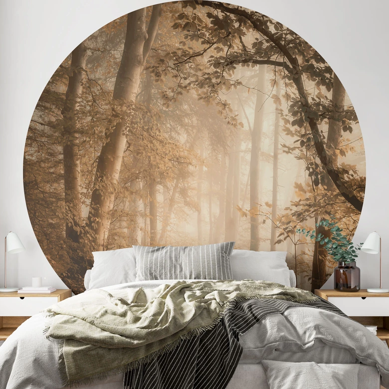 Skog i morgondimman - Skog Fototapet väggmålning rund - Maier - non-woven tapet/självhäftande non-woven tapet 