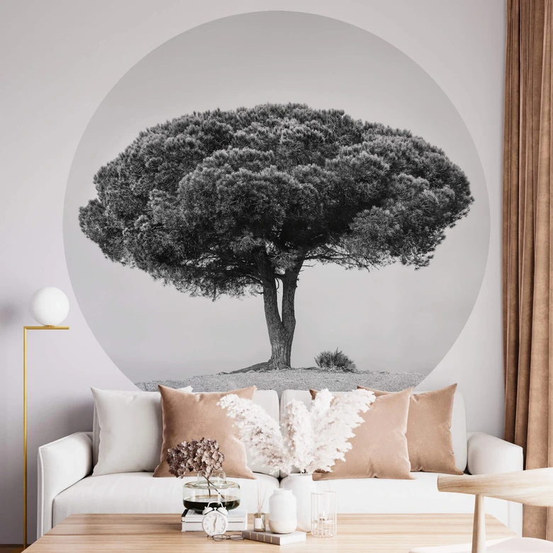 Martin - Árbol en blanco y negro - fotomural redondo - Papel pintado autoadhesivo/no tejido 