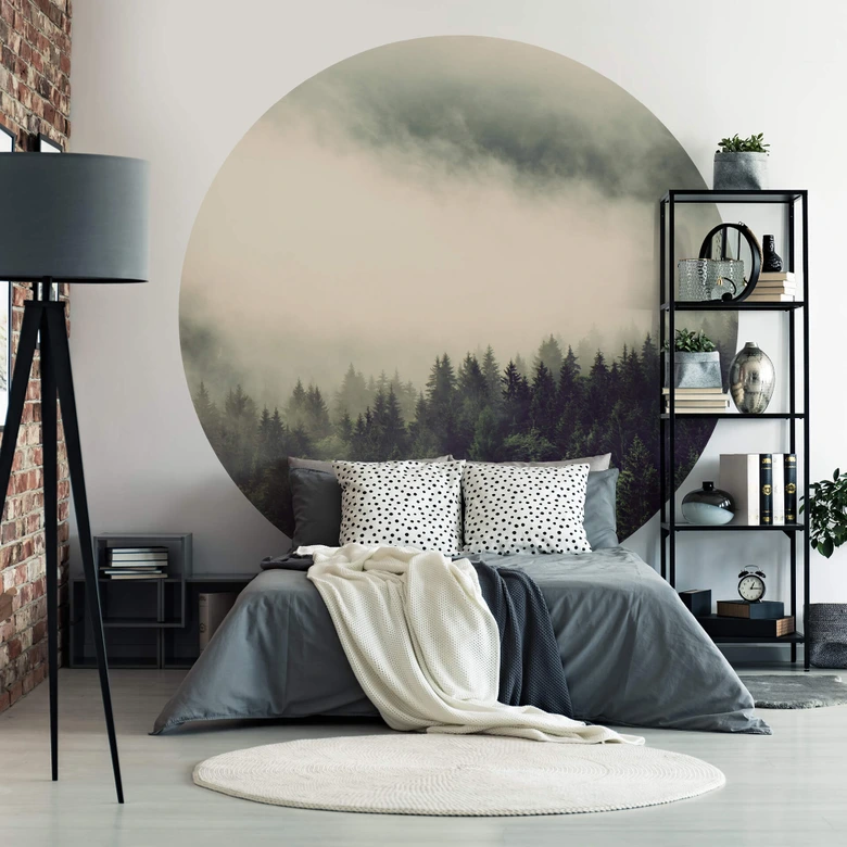 Fototapete Nebel im Wald 02 - Rund - Selbstklebend/Vlies 
