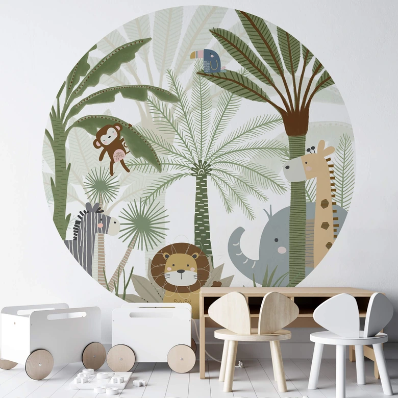 Fototapete fürs Kinderzimmer Niedliche Tiere im Dschungel - Oliver Robins - Rund - Selbstklebend/Vlies 