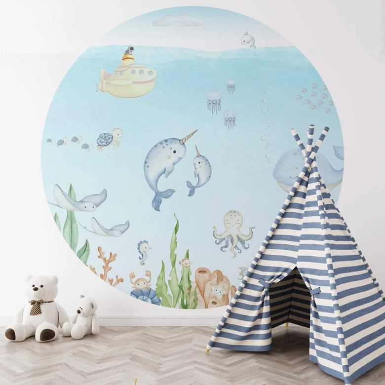 Fototapet för barnrum söt undervattensvärld rund - Oliver Robins - non-woven tapet/självhäftande non-woven tapet 