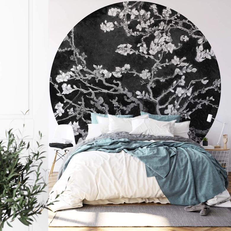 Papier peint photo rond van Gogh - Fleurs d’amandier - noir  - papier peint intissé/papier peint intissé autocollant 