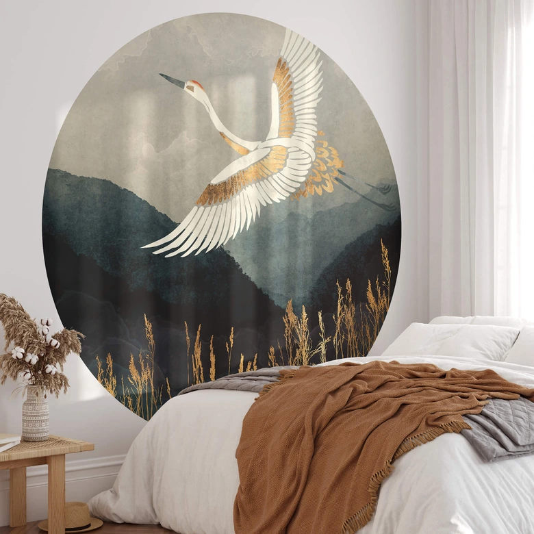 Behangcirkel SpaceFrog Designs - Elegante Kraanvogel - Japandi - vliesbehang/zelfklevend vliesbehang 