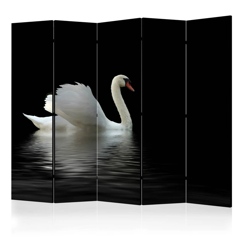 Paravent, Raumteiler freistehend, Trennwand - Schwan in dunkler Reflexion , 5-teilig - 225x172 cm 