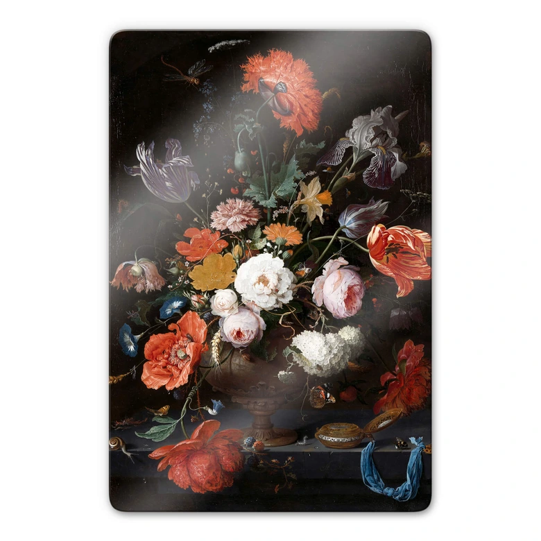 Glasbild Mignon - Stillleben mit Blumen und einer Uhr 