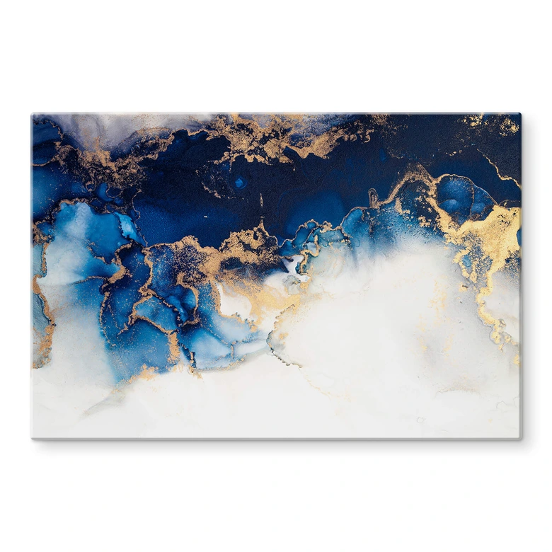 Tableau sur verre Marbre abstrait avec effet bleu et or 