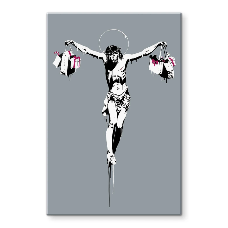 Glasbild Banksy - Jesus Christus mit Einkaufstüten 
