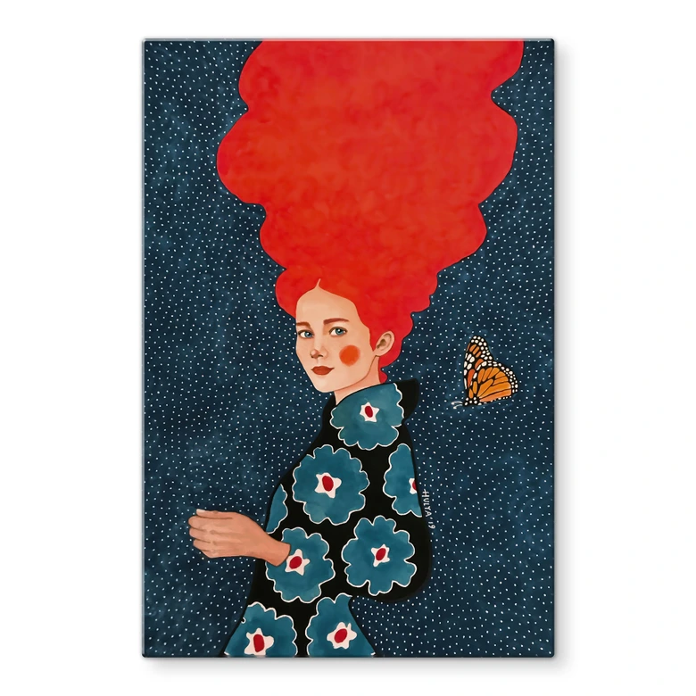 Glasbild Frau im Blumenkleid mit Schmetterling - Hülya 