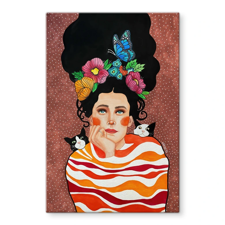 Glasbild Frau mit Blumenkrone und Katzen - Hülya 