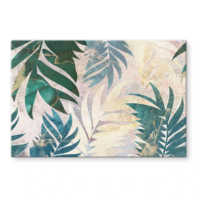 Glasbild Exotische Palmenblätter in Gold-grün - Manovski 