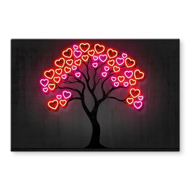 Glasbild Baum mit roten Herzen | Neon Pop Art - Mielu 