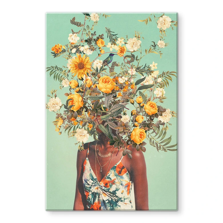 Glasbild Moth - Frau mit Sommerblumen auf dem Kopf 