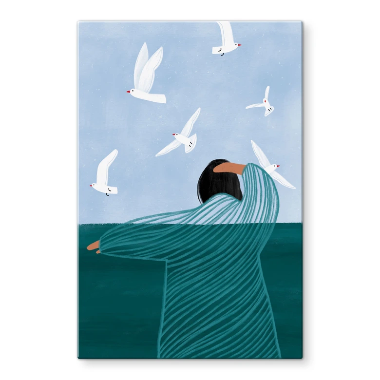 Glasbild Frau mit Möwen am Meer - Müller 