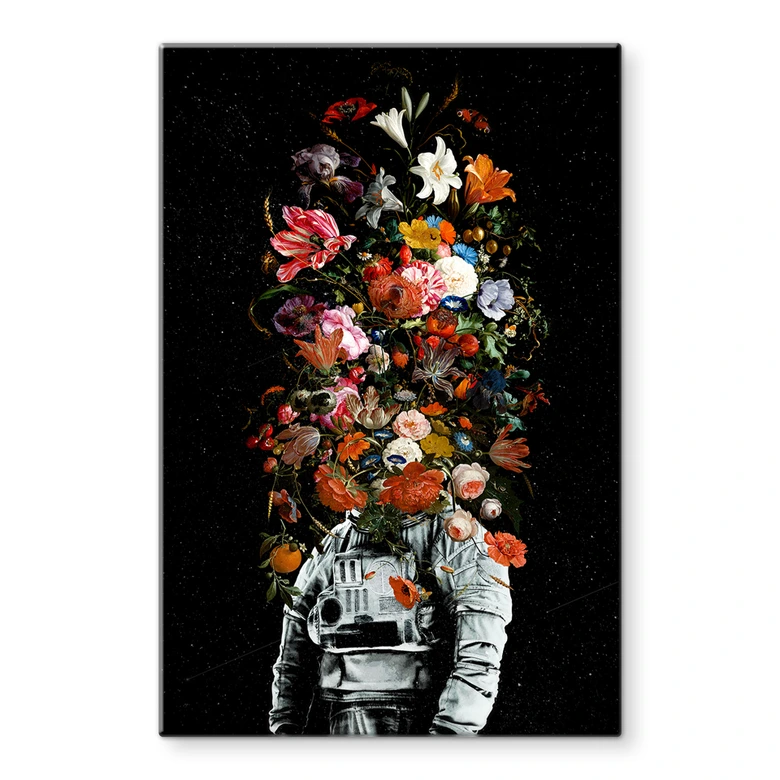 Glasbild Astronaut mit Blumen-Arrangement - Nicebleed 